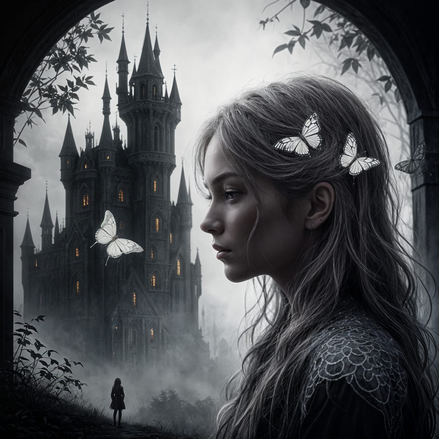 Ethereal Girl with Butterflies in Fantasy Landscape