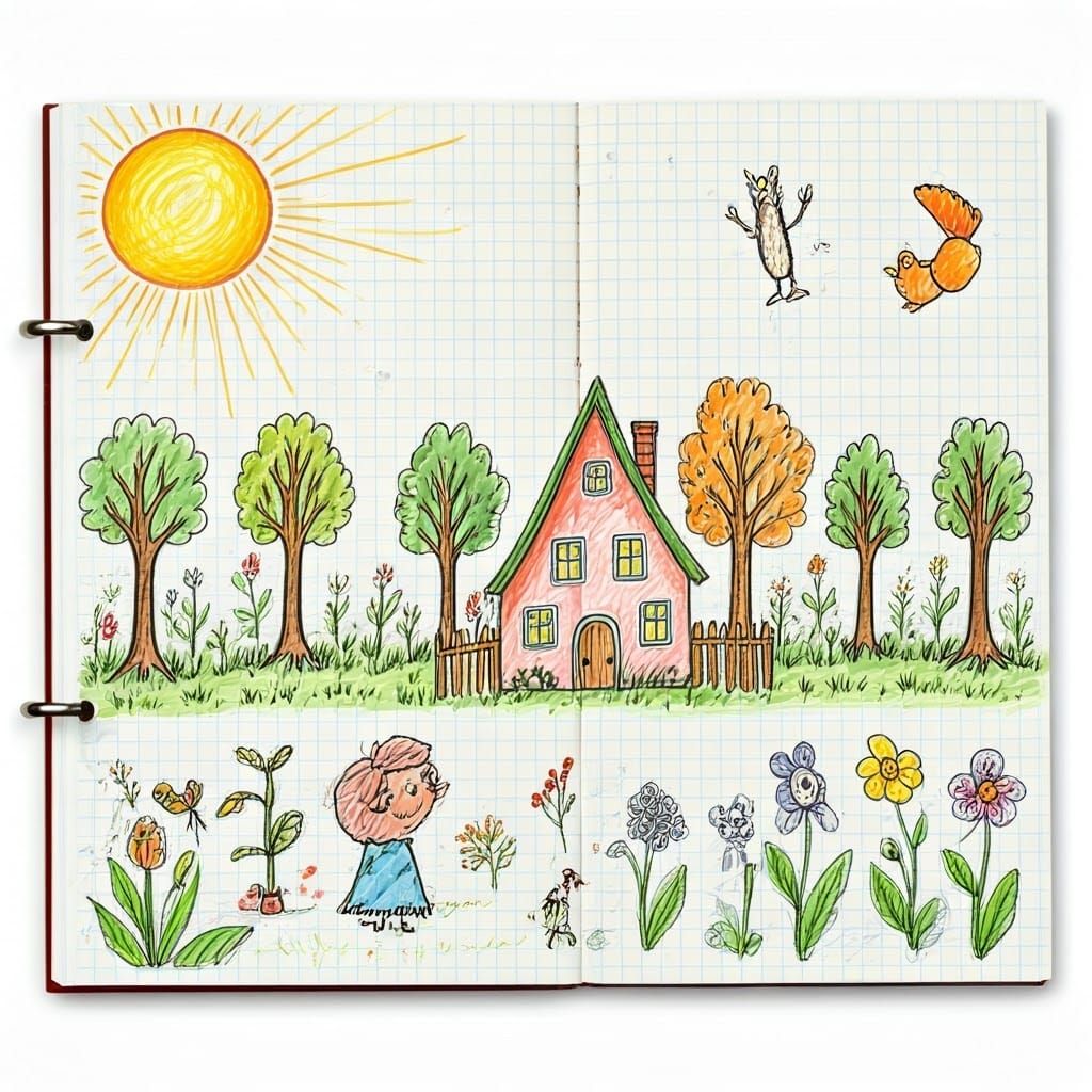 Charming Doodles on Notebook Page, Sketchy Pencil Style