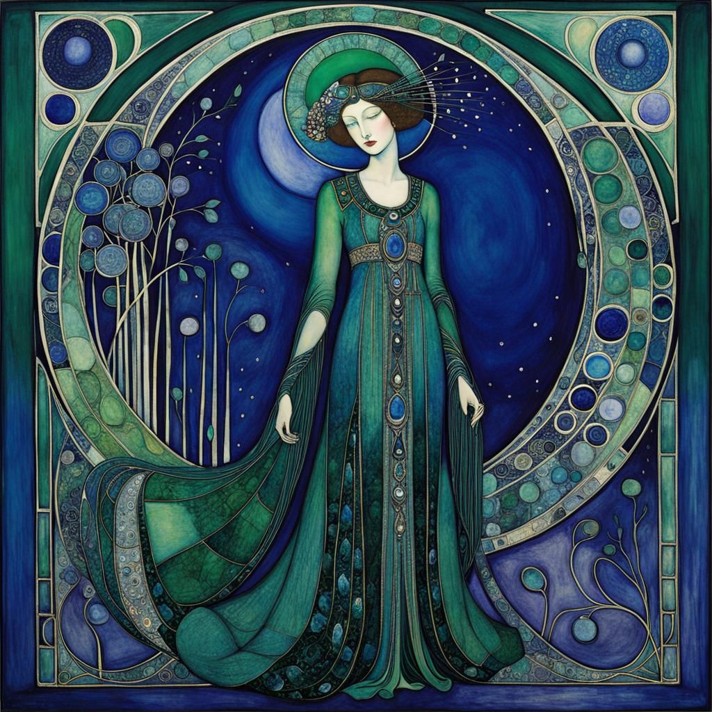 Entangled Emerald and Blue Figure, Detailed Art Nouveau
