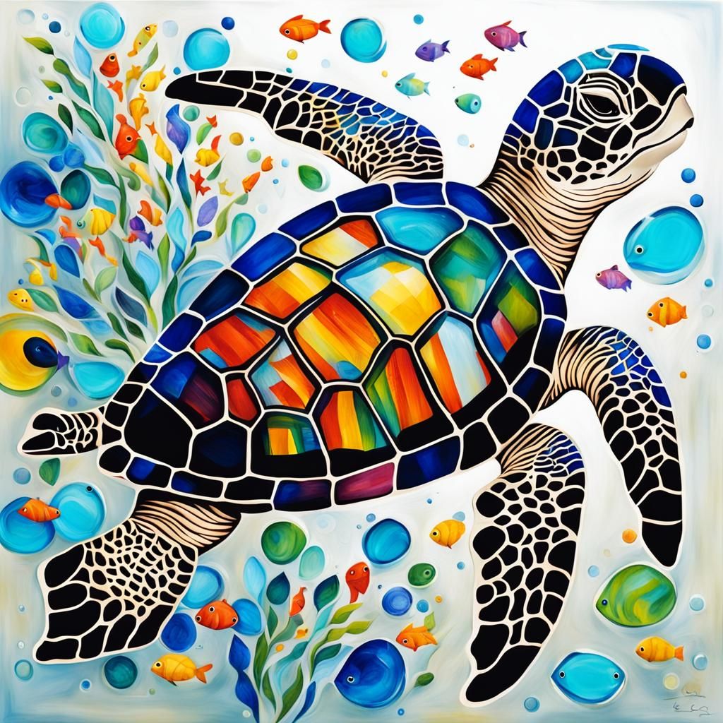 Glass Sea Turtle with Colorful Fish: Abstract Art