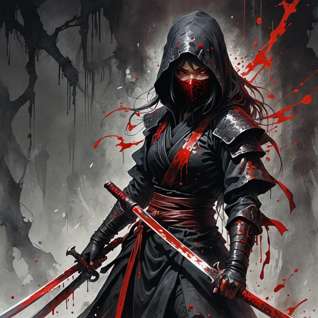 Blood-Soaked Ninja with Red Sword in Dark Fantasy