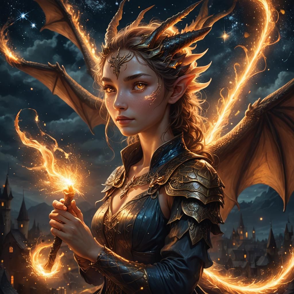 Golden Fairy and Dragon in Starry Night