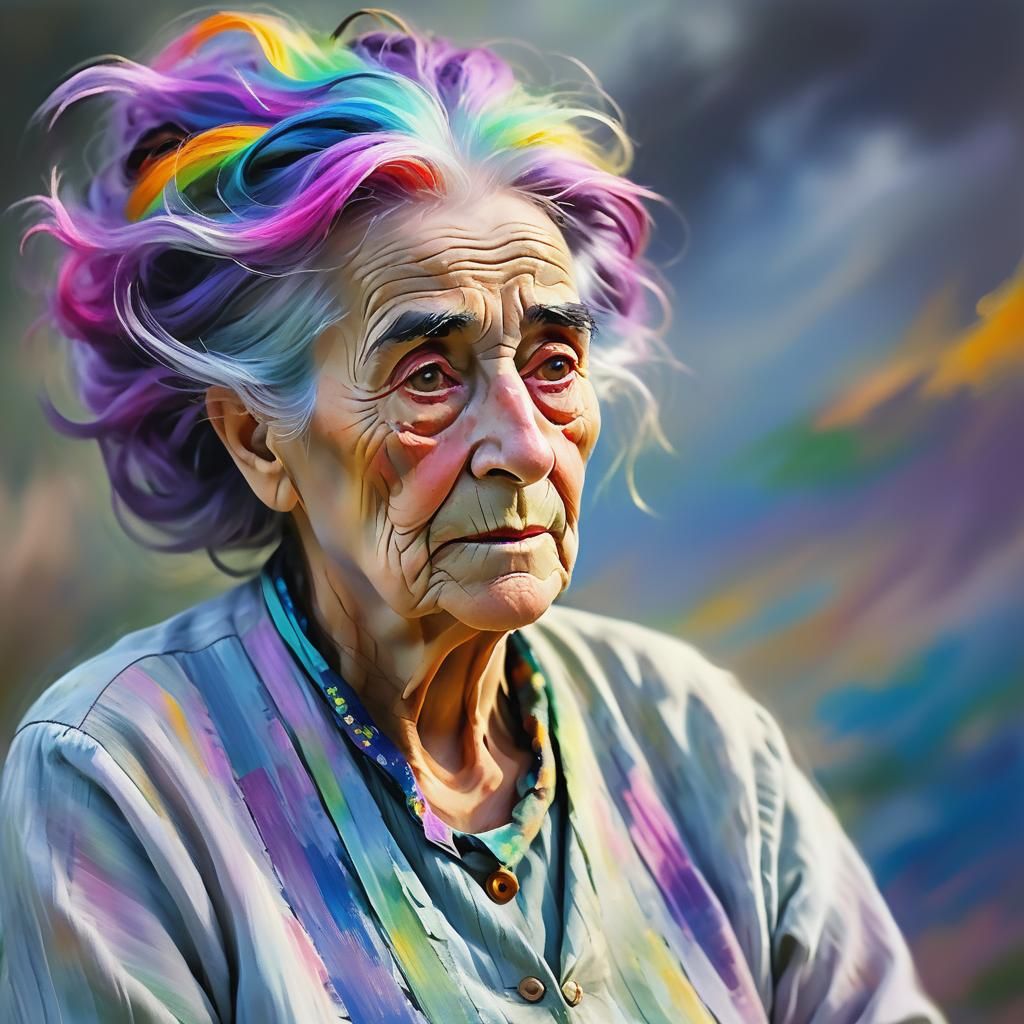 Rainbow Haired Woman in Impressionist Portrait
