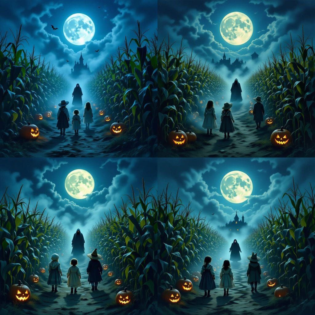 Haunted Corn Maze Under Full Moon