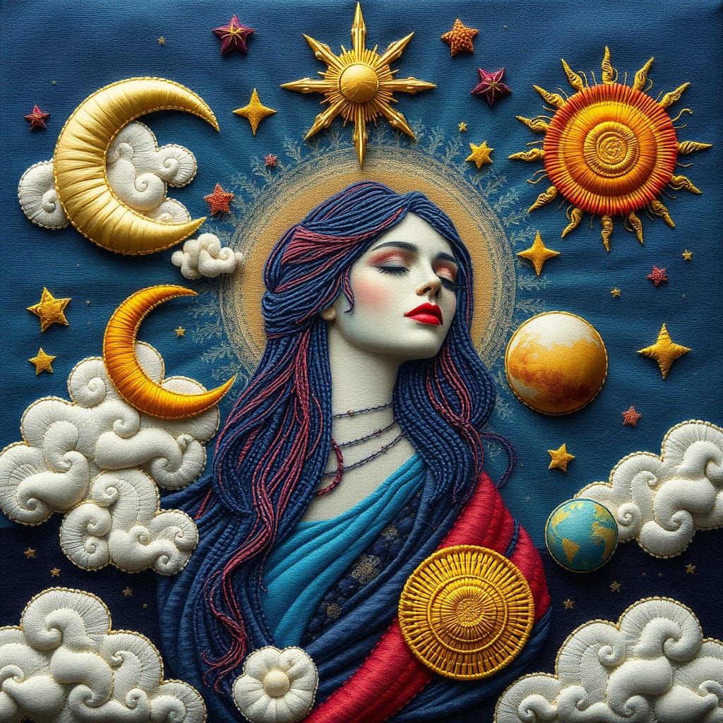Whimsical Embroidered Celestial Goddess