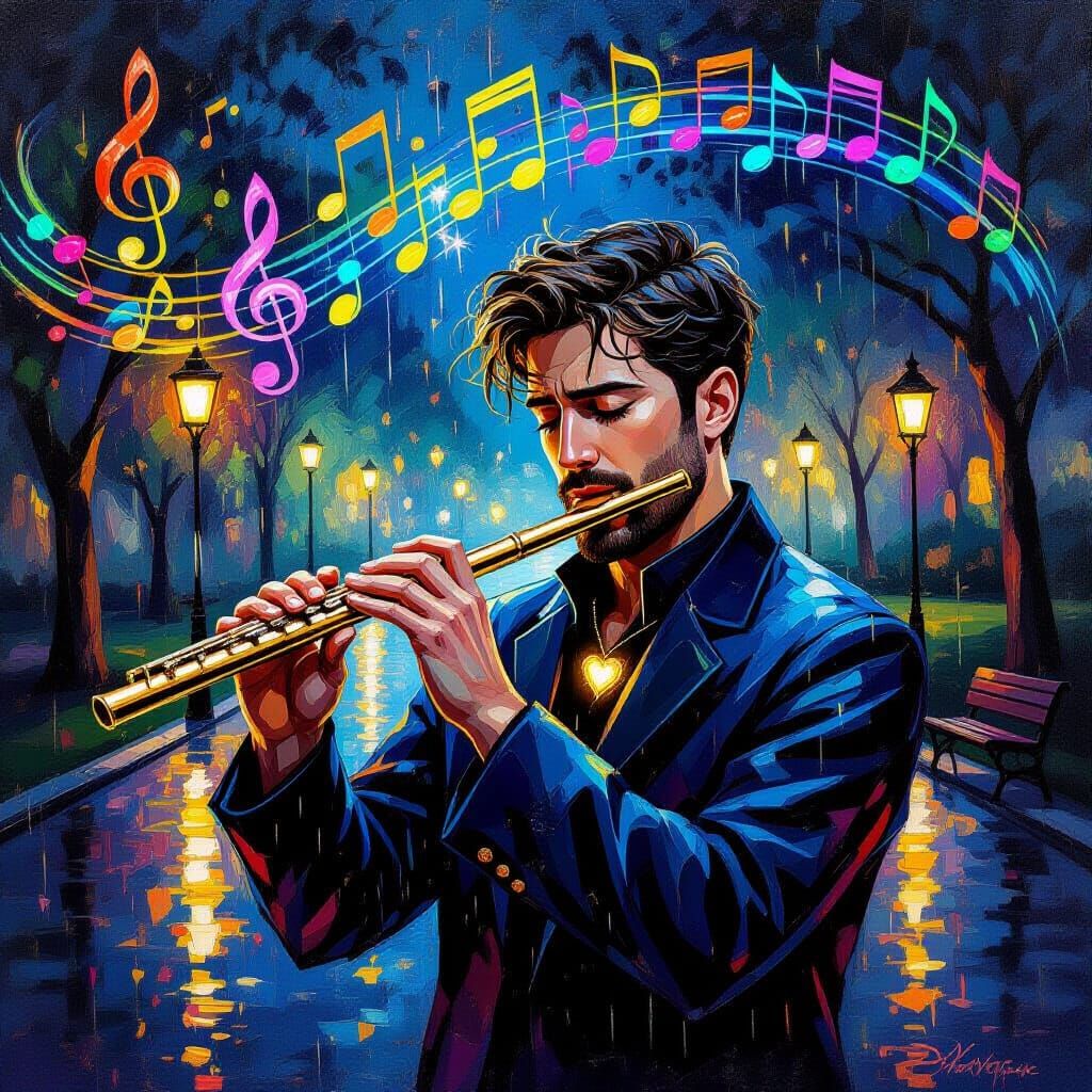 Passionate Flutist Transforms Rain into Glowing Music Notes