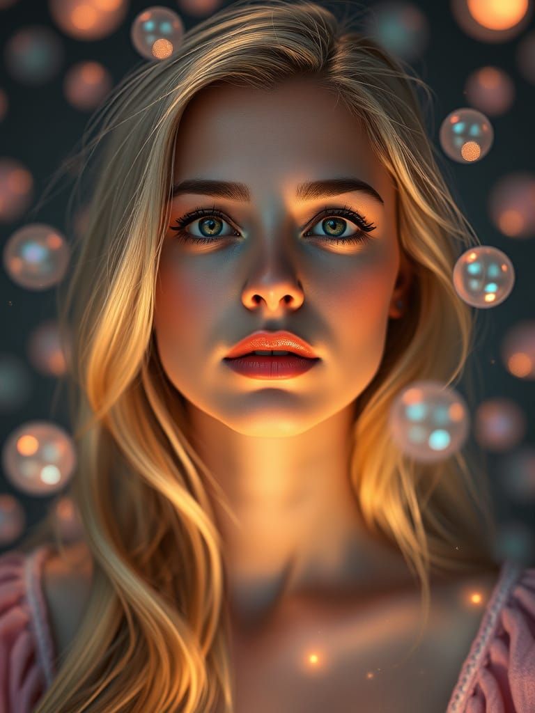 Ethereal Portrait with Glowing Orbs in Dreamy Lighting