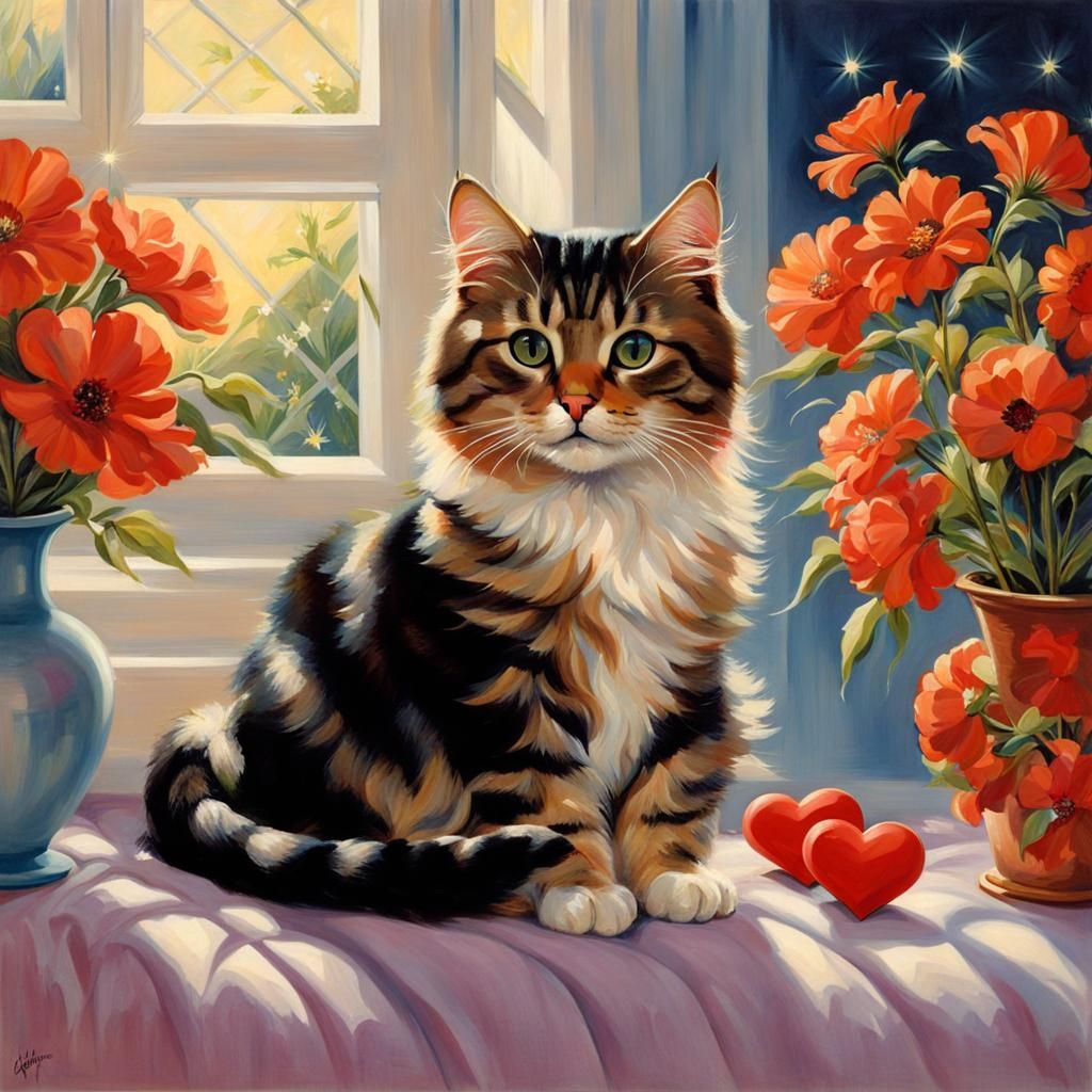 Cute Cat with Flowers in Kitsch Style