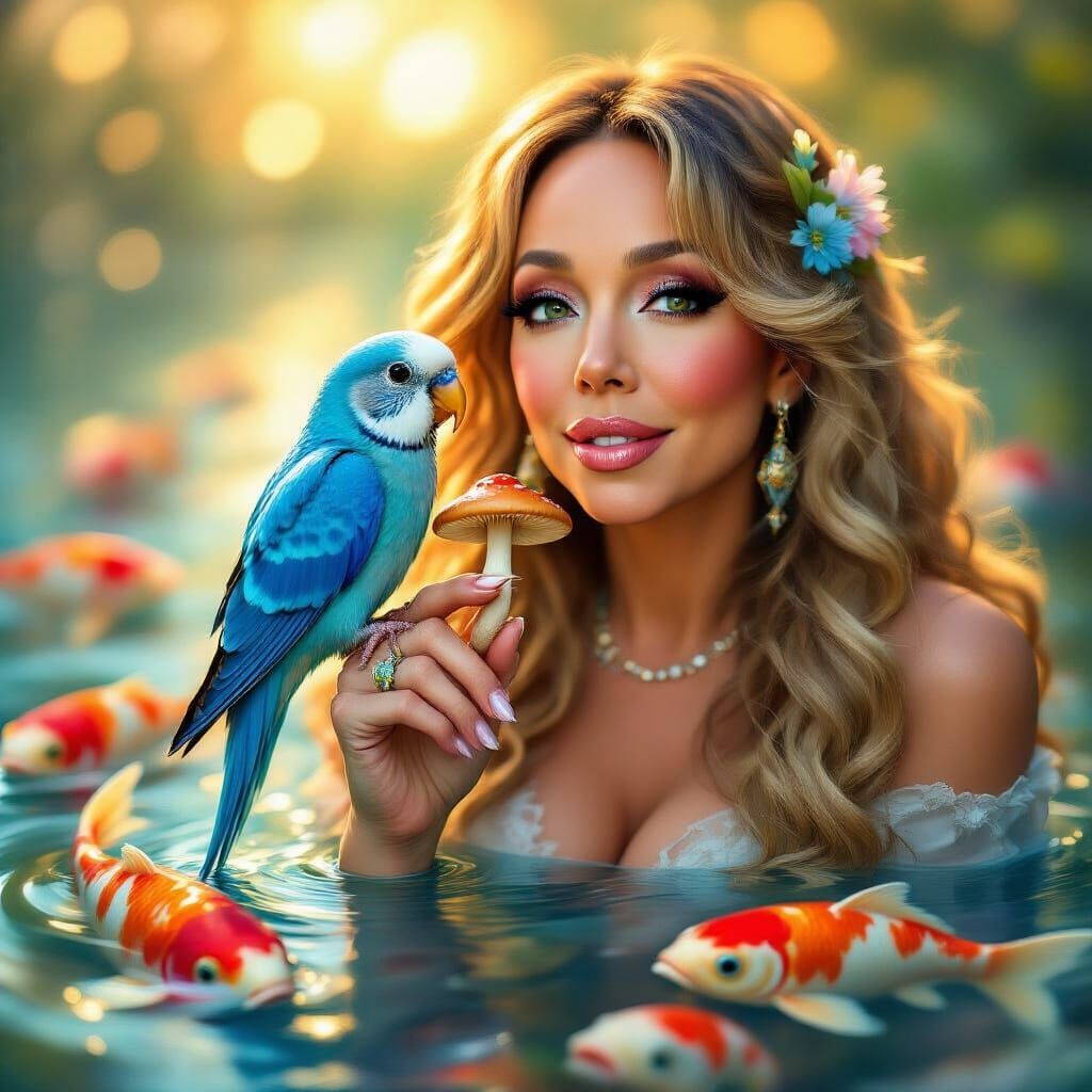 Mariah Carey with Parakeet in Koi Pond