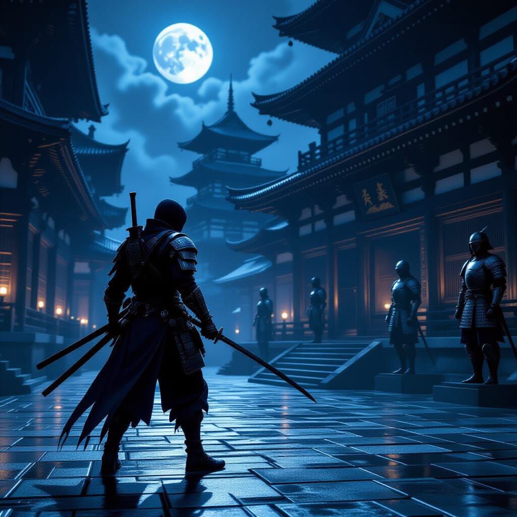 Ninja Infiltrates Japanese Castle at Midnight