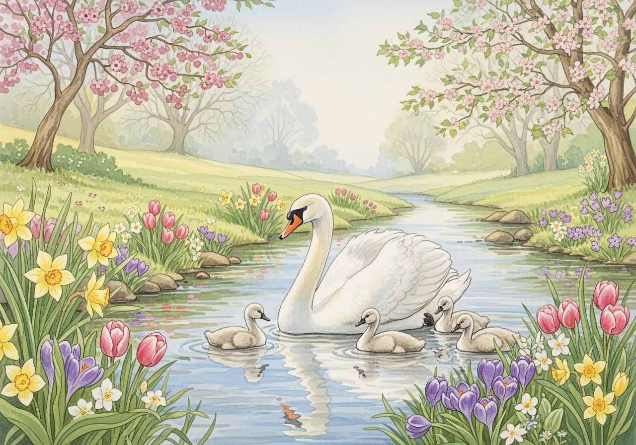 Watercolor Swan Family Gliding on Spring River