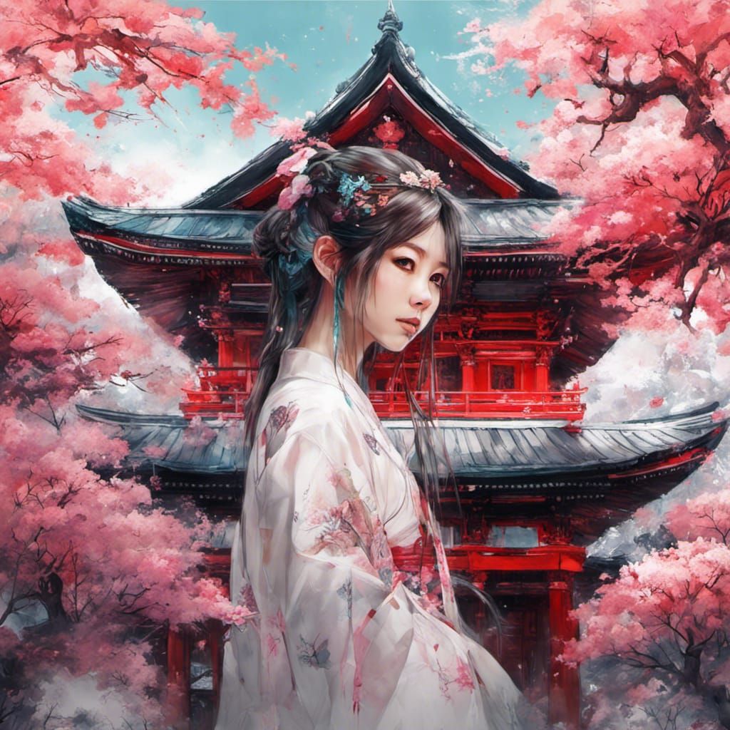 Sakura Garden with Temple in Origami Style