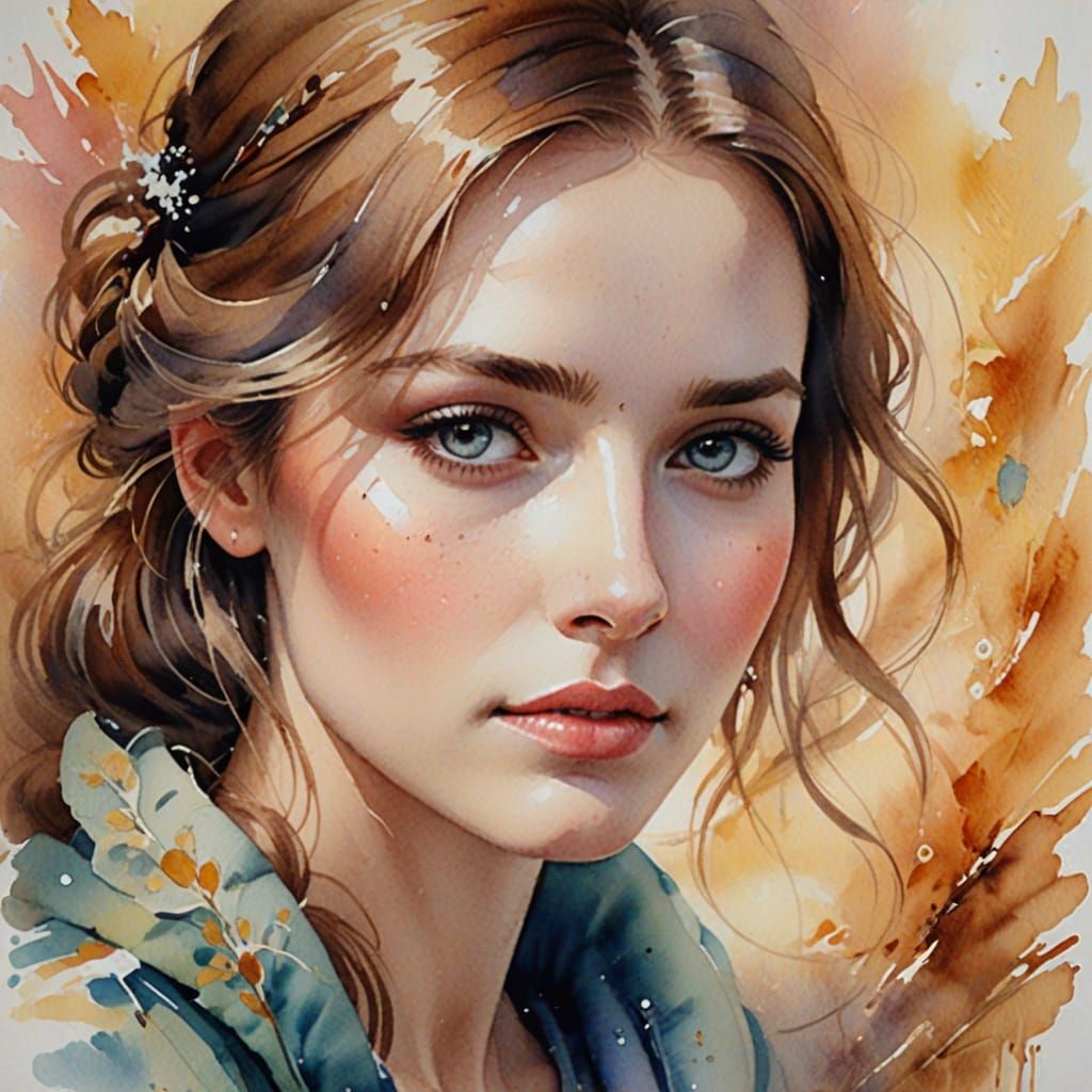 Dreamy Watercolor Portrait of a Young Woman