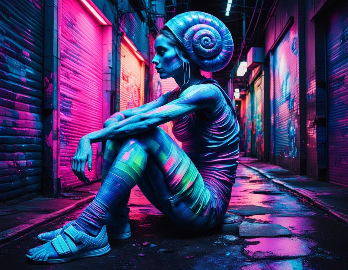 Snail Woman in Synthwave Glitchcore Style
