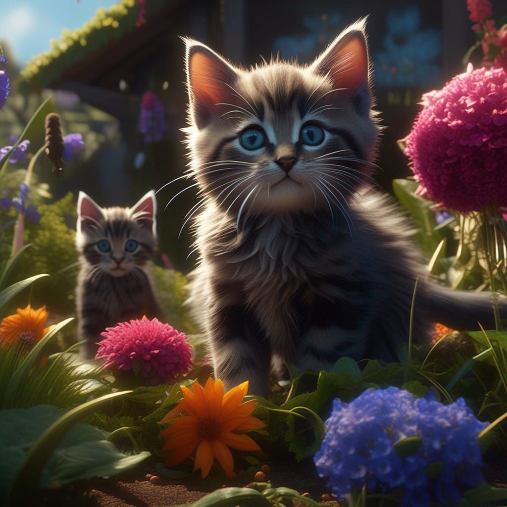 Fantastical Kittens Gardening in Detailed Digital Art