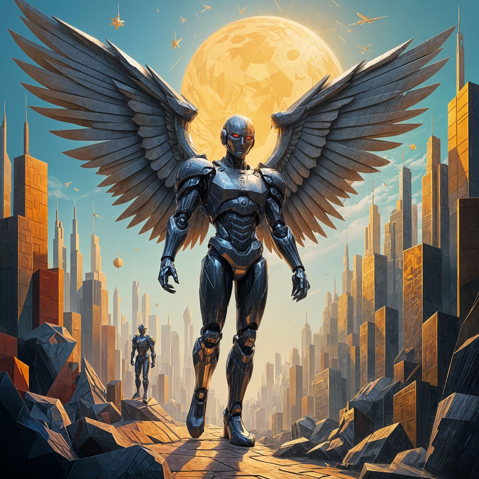 Robotic Archangel Mikael in Heavenly Abstract Cubism