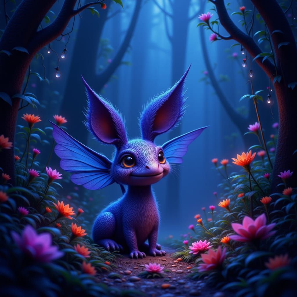 Fantastical Creature in Bioluminescent Forest