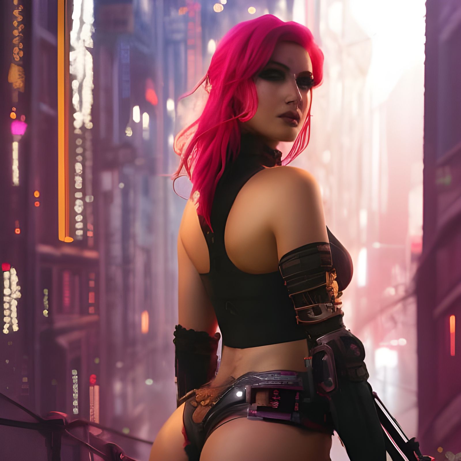 Romantic Cyberpunk Woman in Detailed Cityscape