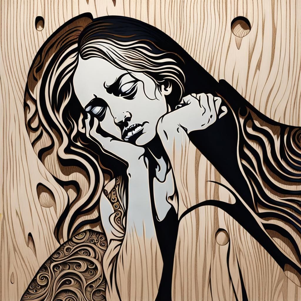 Disturbing Woodcut Print of Woman in Difficult Situation