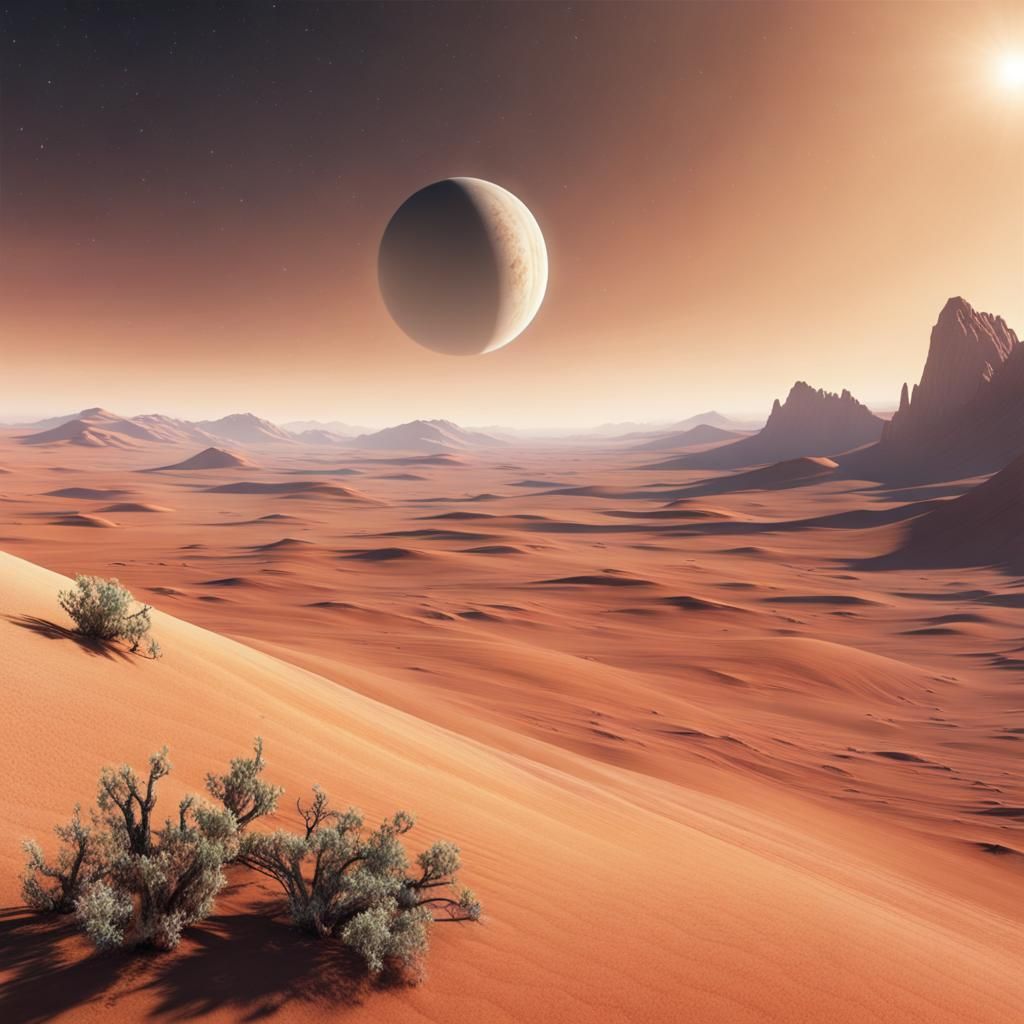 Desert Mountain Landscape with Ringed Planet
