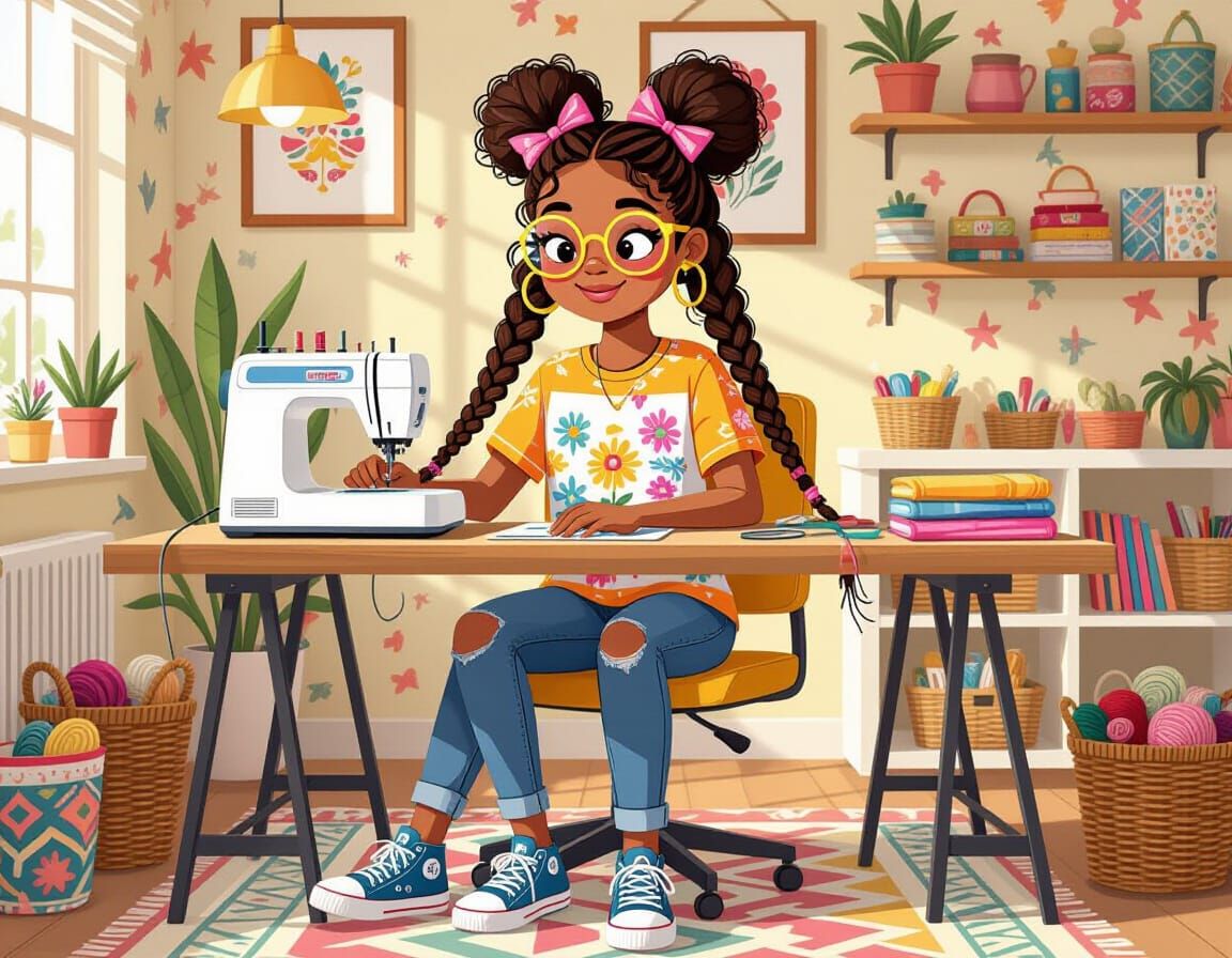 Embroidery Girl in Playful Illustration Style