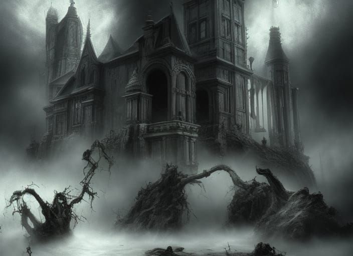 Vampires and Demons in Gothic Mansion, Digital Art