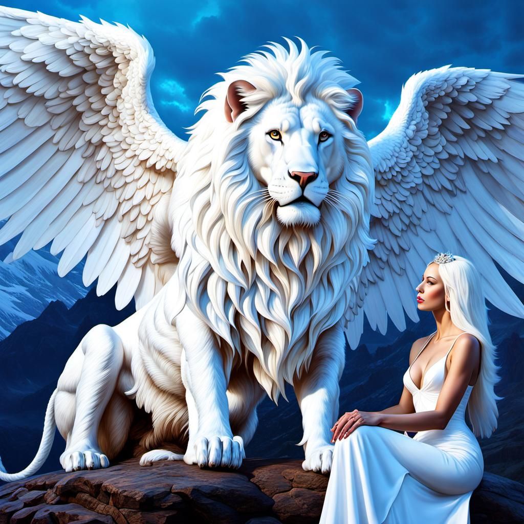 Winged Lion and Albino Woman in Hyperrealistic Style