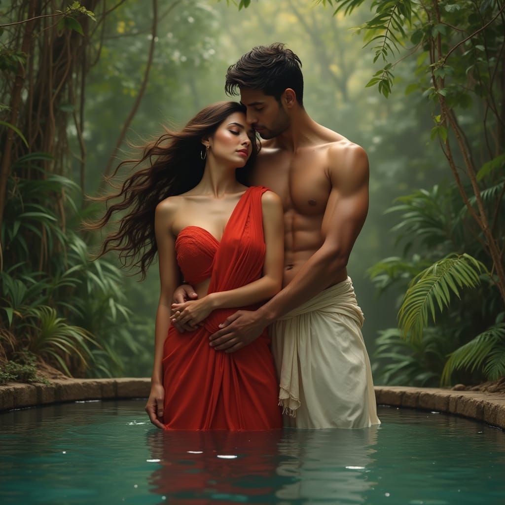 Romantic Forest Pool Scene in Art Nouveau Style