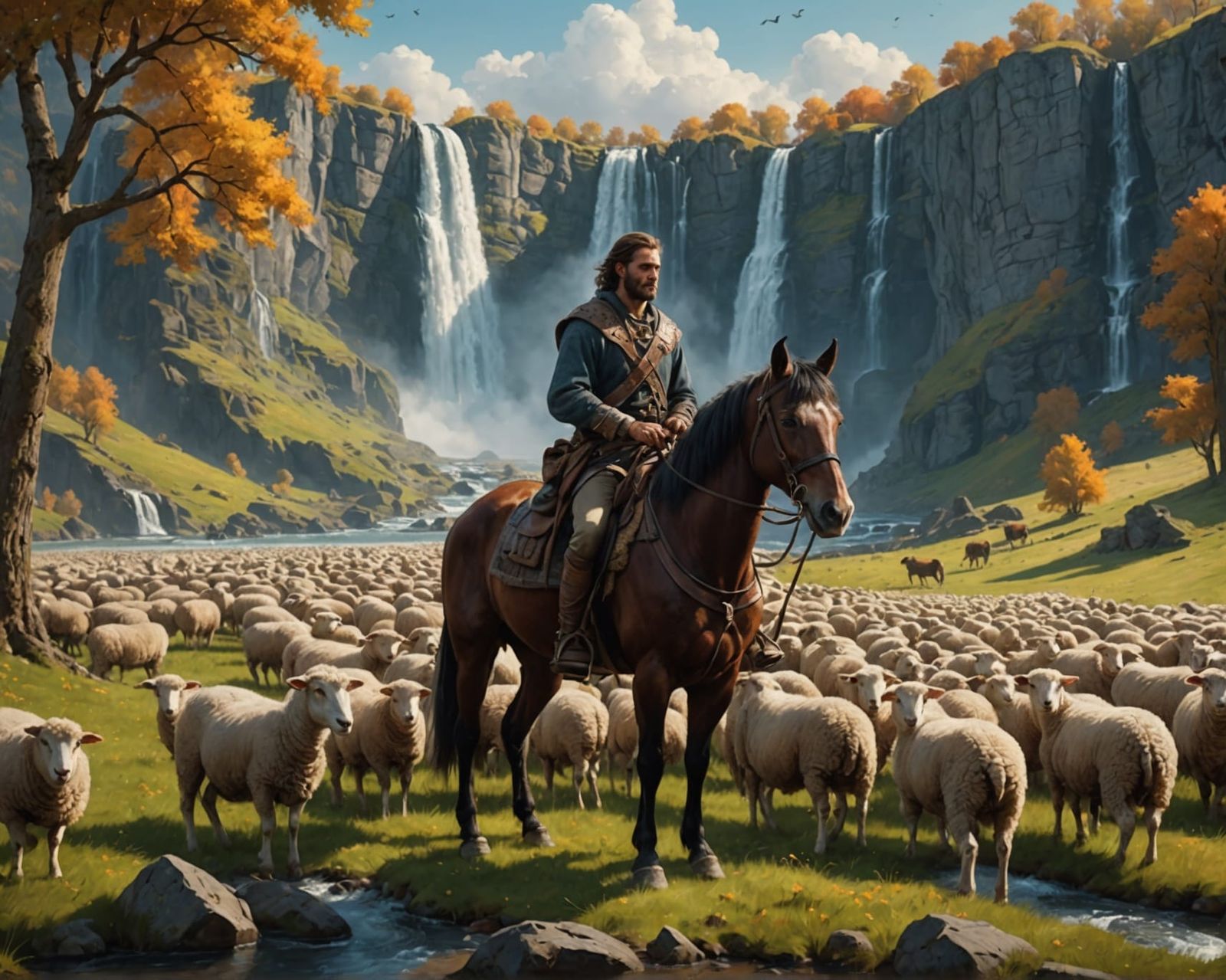 Shepherd and Flock in Detailed Oil Painting Landscape