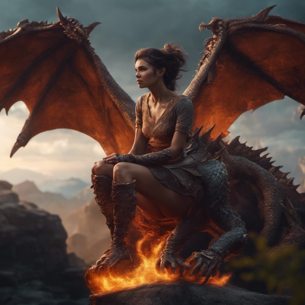 photo realistic woman sitting on a dragons back