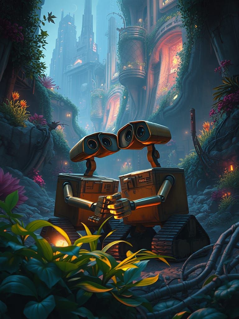 Wall-E and EVE in a Lush, Bioluminescent Cityscape