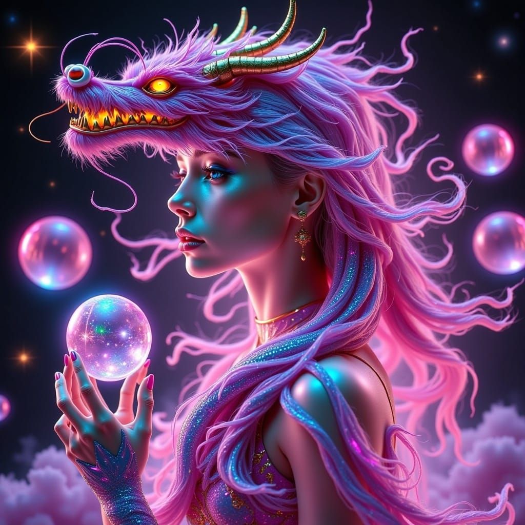 Gemini Zodiac Woman with Dragon in Neon Glow
