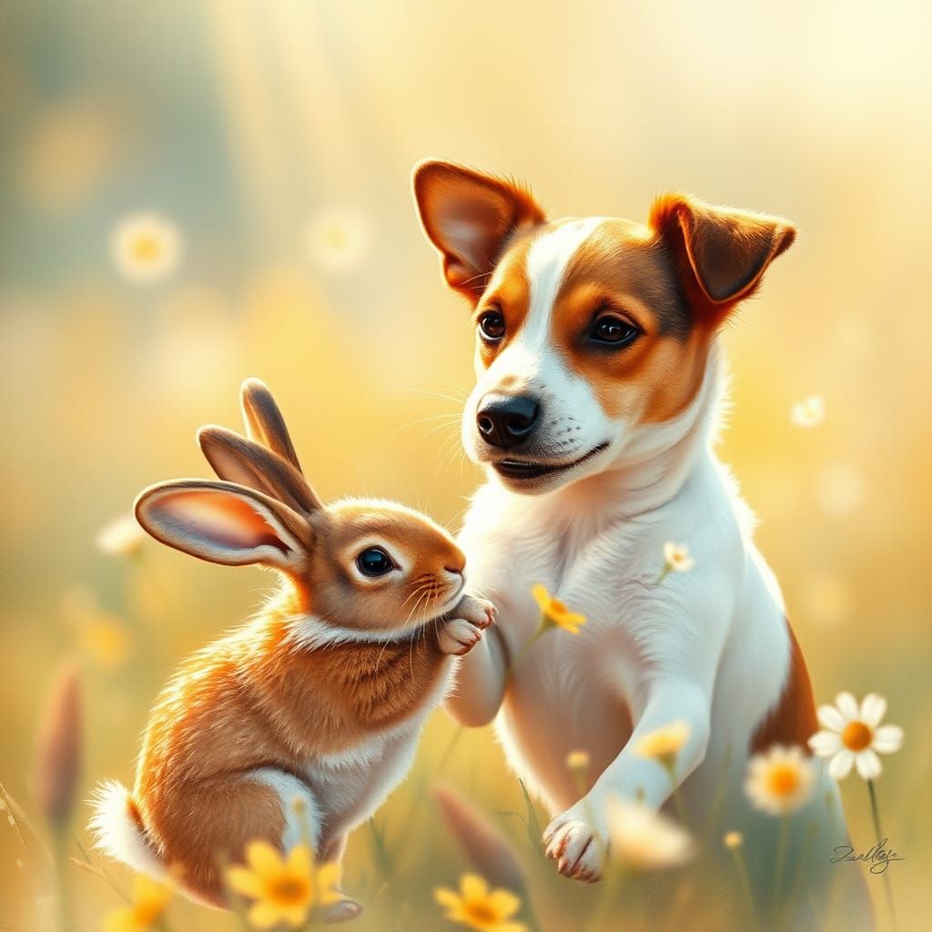 Joyful Jack Russell Terrier Plays with Fluffy Bunny in Sunli...