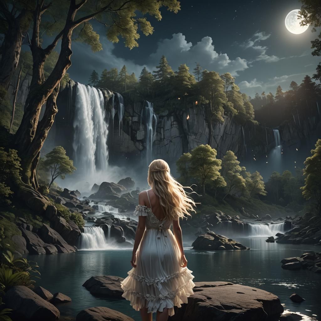 Moonlit Waterfall Scene with Sleeping Girl