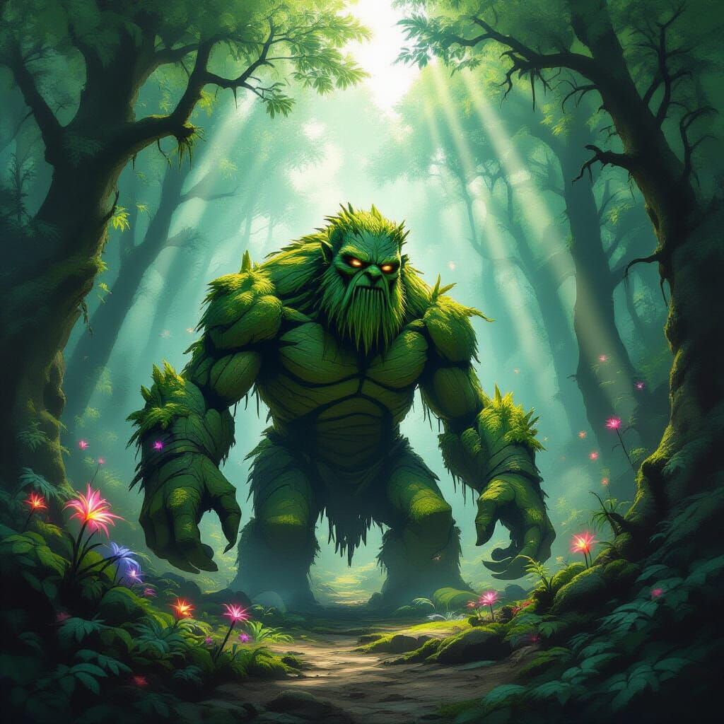 Mossy Stone Golem Awakens in Sunlit Forest Clearing