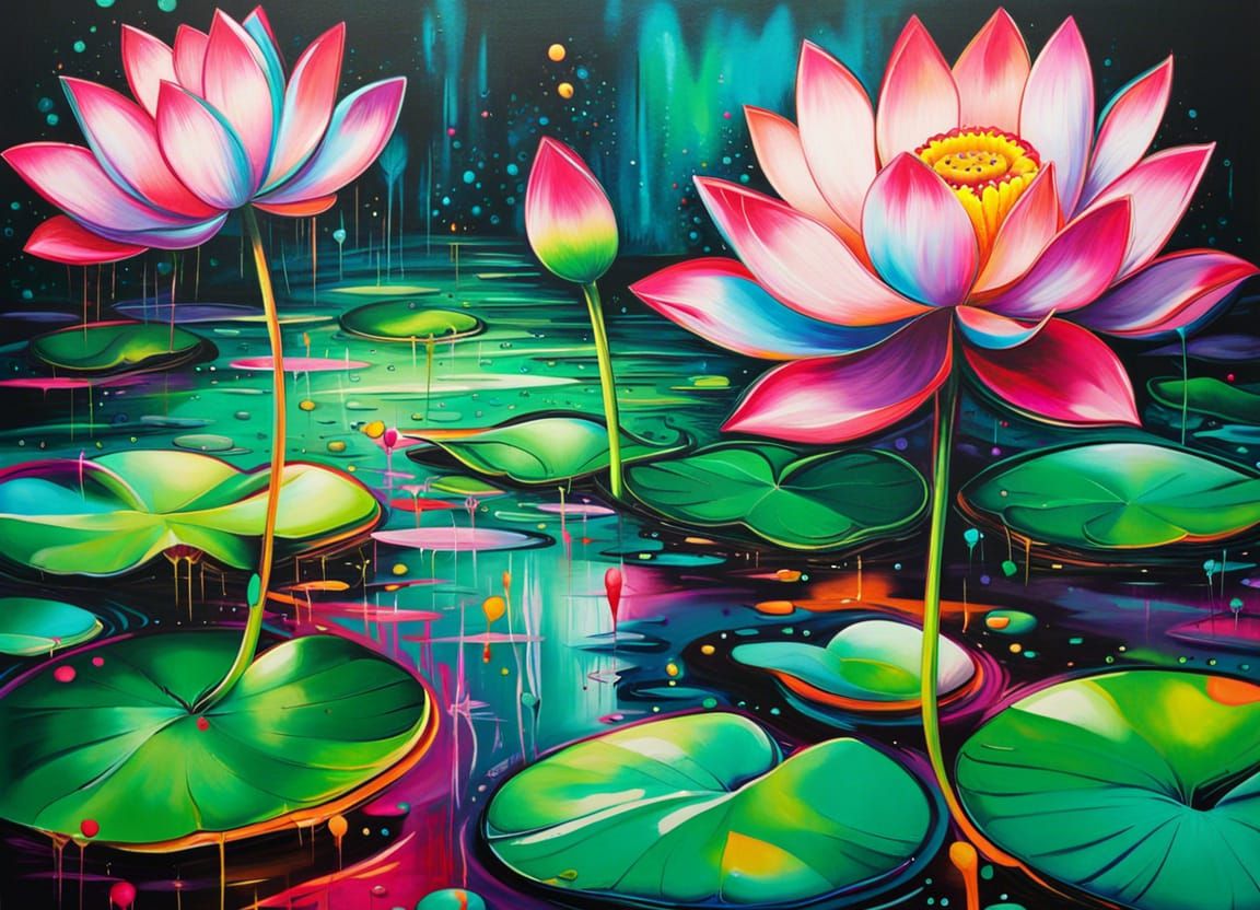Emerald Sea with Lotus Flowers in Graffiti Art