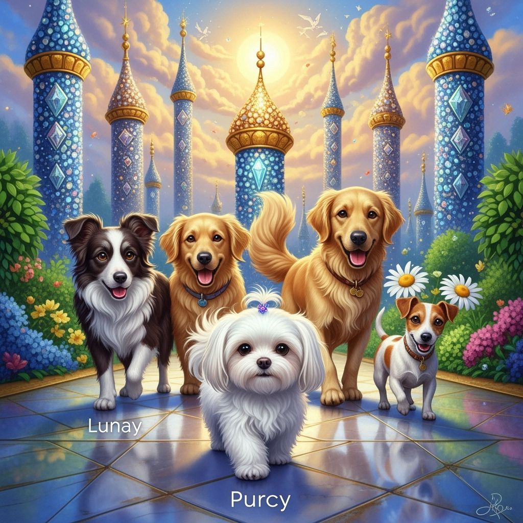 Dogs on a Whimsical Path Under Glittering Towers