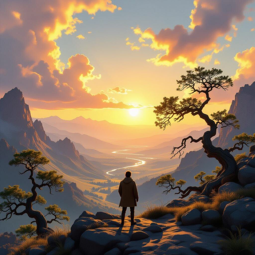 Solitary Hiker Gazes at Sun-Drenched Valley in Digital Paint...