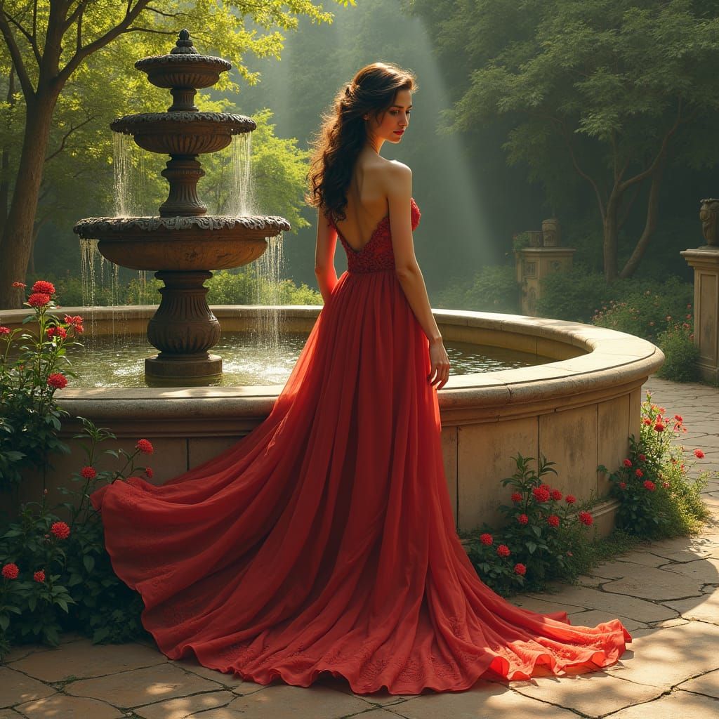 Elegant Woman in Gown by Fountain, Neoclassical Style