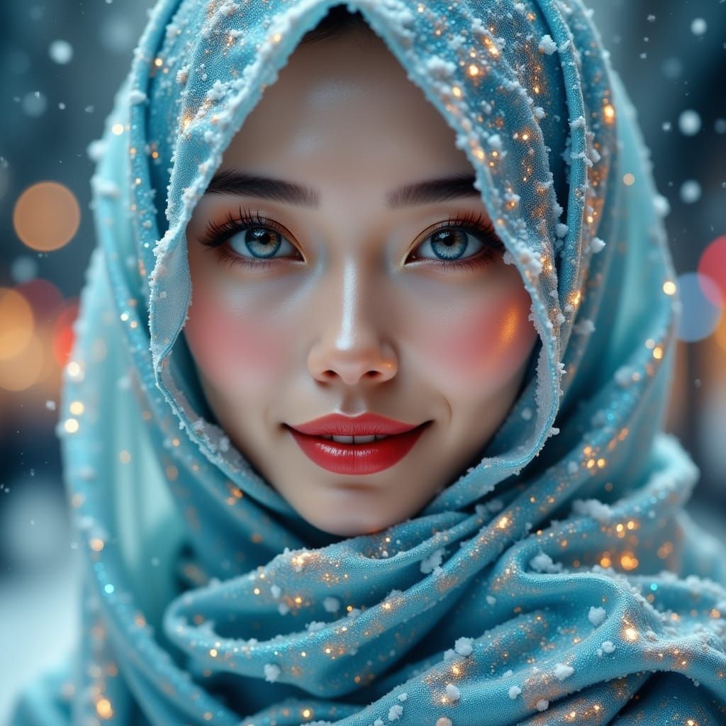 Hyperrealistic Japanese Woman in Snowy City Night