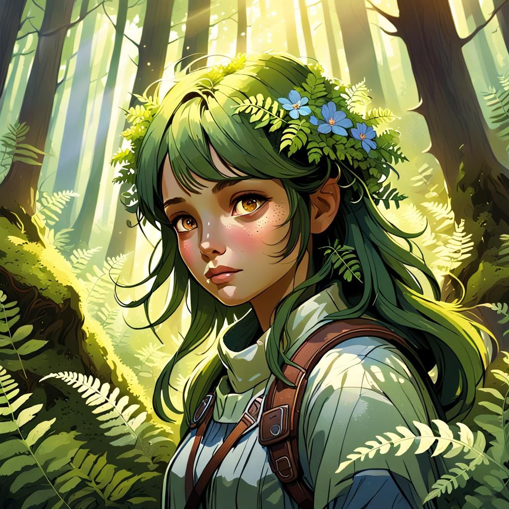 Sunlit Forest Portrait in Art Nouveau Style