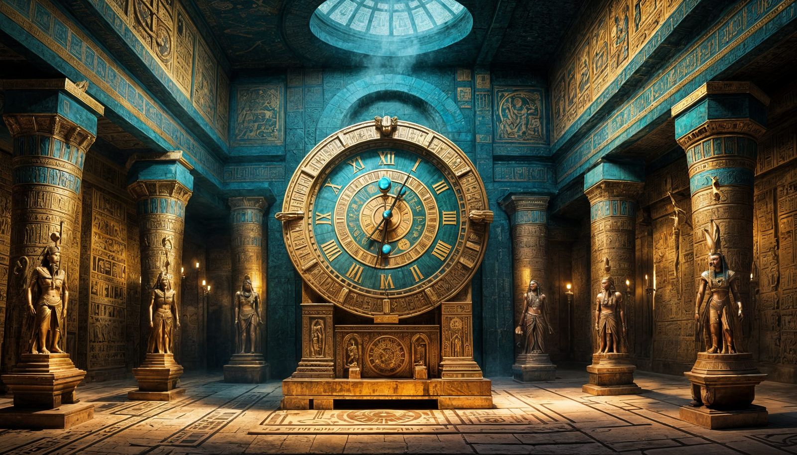 Ancient Egyptian Temple with Gold Astronomical Clock