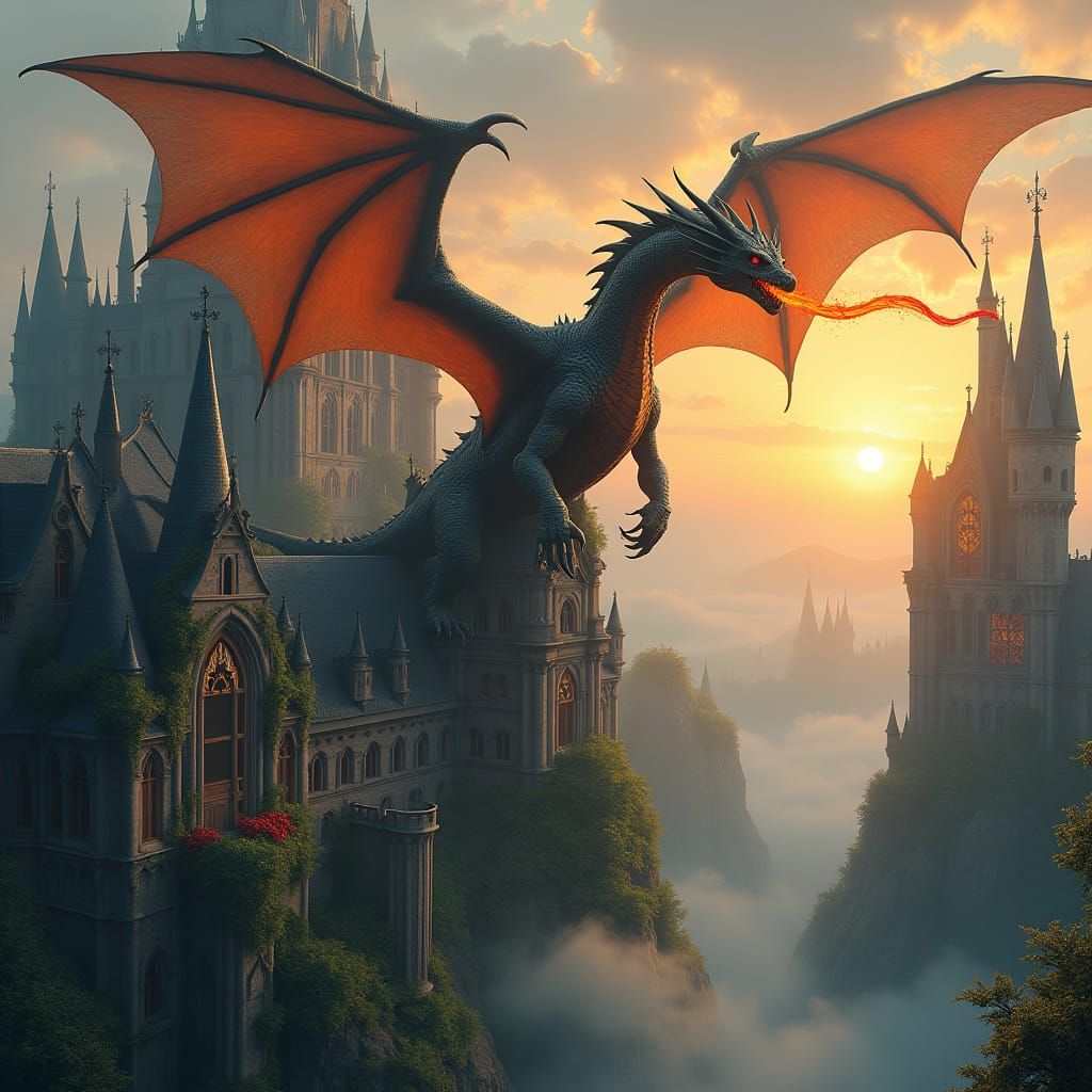 Majestic Dragon Soaring Over Gothic Castle