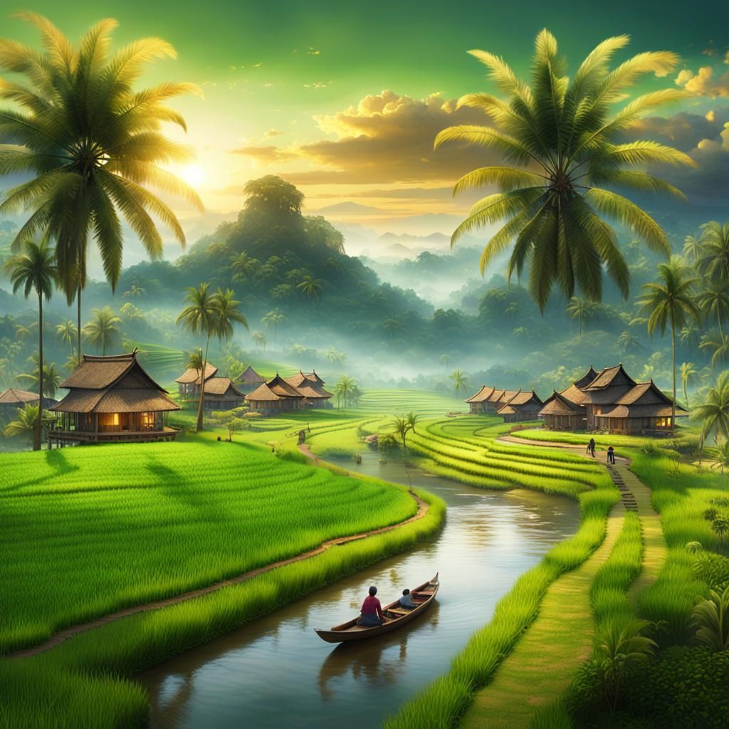 Serene Indonesian Village Landscape in Golden Light