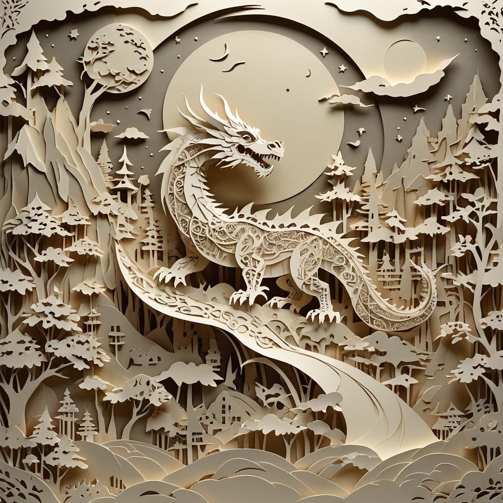 Intricate Kirigami Dragon on Moonlit Paper Landscape