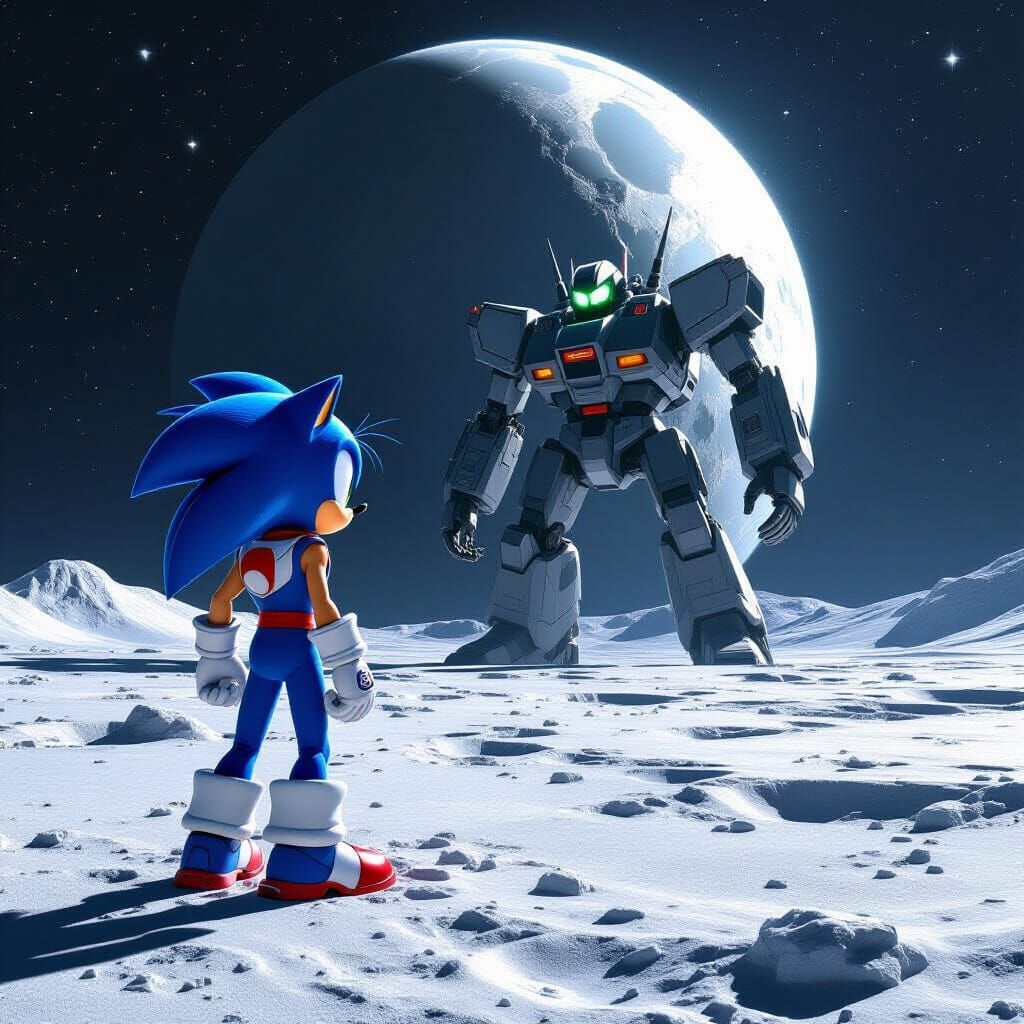 Sonic Confronts Robot on Moon in Digital Matte Painting