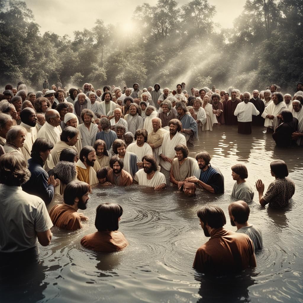 1970s Jesus Movement Baptism: Hyperrealistic, High Contrast