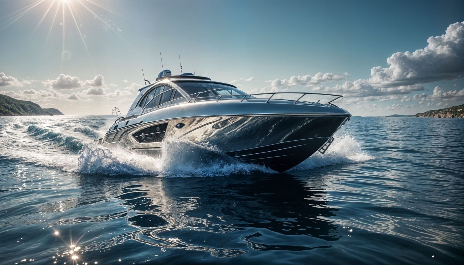 Sleek Chrome Speedboat Cuts Through Turquoise Waters