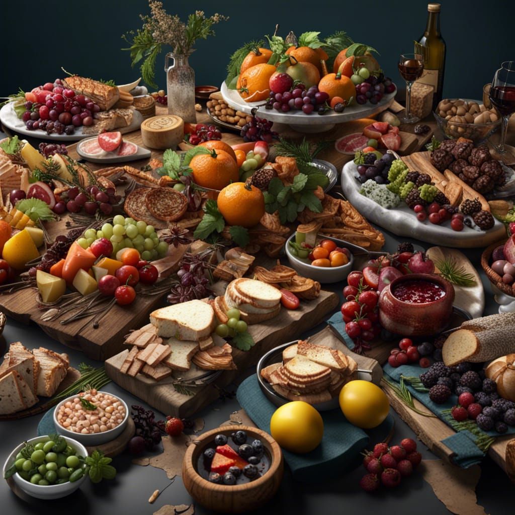 Abundant Grazing Table: Hyperrealistic Splash Art