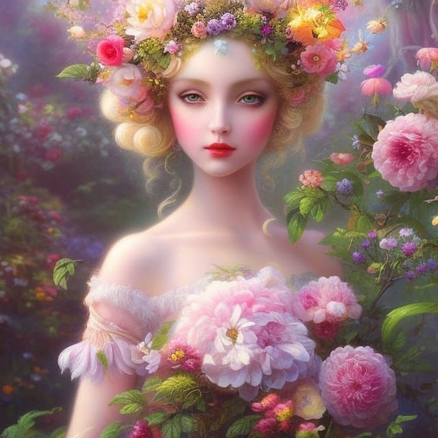 Dahlia Flower Fairy Portrait in Romantic Style